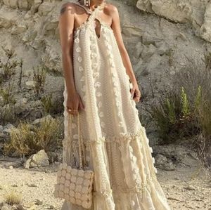 NWT SUMMER POM POM COTTON BOHO MAXI DRESS S: SMALL-LARGE
